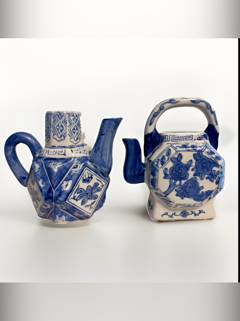 Pair of Vintage Asian-Style Blue White Ceramic Teapots Chinoiserie Decor No Lids